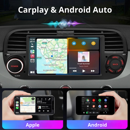Ecran CarPlay sur tableau de bord Fiat 500 système Android auto et Apple