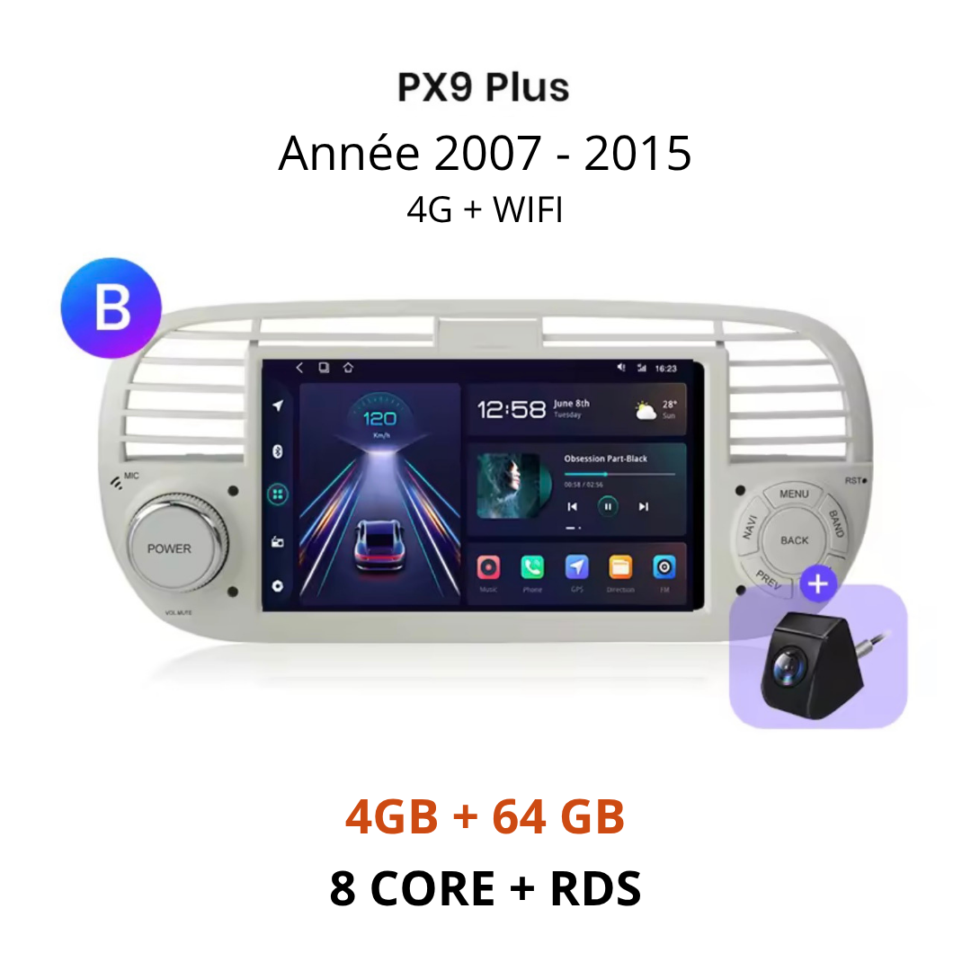 Ecran CarPlay blanc tactile connexion wifi et 4G pour Fiat 500 avec camera de recule
