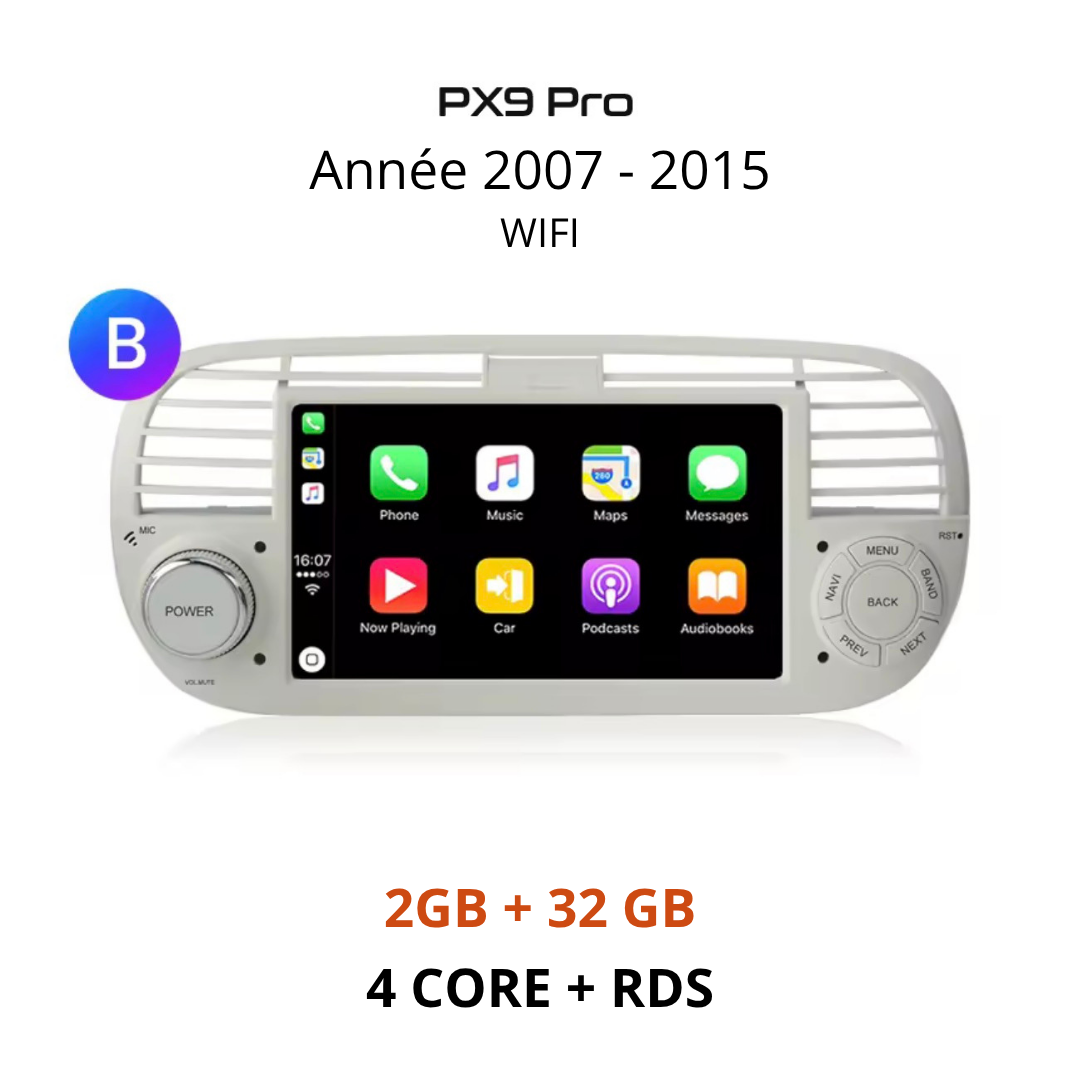 Ecran CarPlay blanc tactile connexion wifi pour Fiat 500