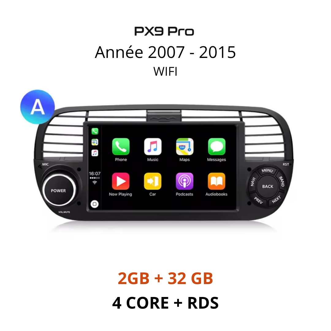 Ecran CarPlay noir tactile connexion wifi pour Fiat 500