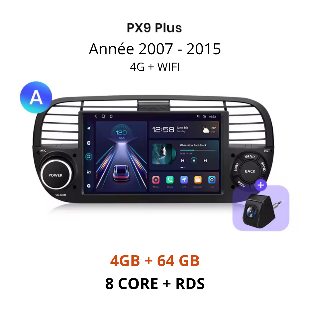 Ecran CarPlay noir tactile connexion wifi et 4G pour Fiat 500 avec camera de recule