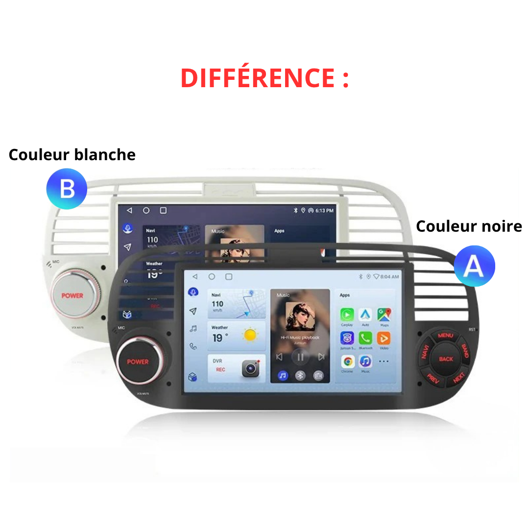 Comparaison écran CarPlay pour Fiat 500 blanc et noir